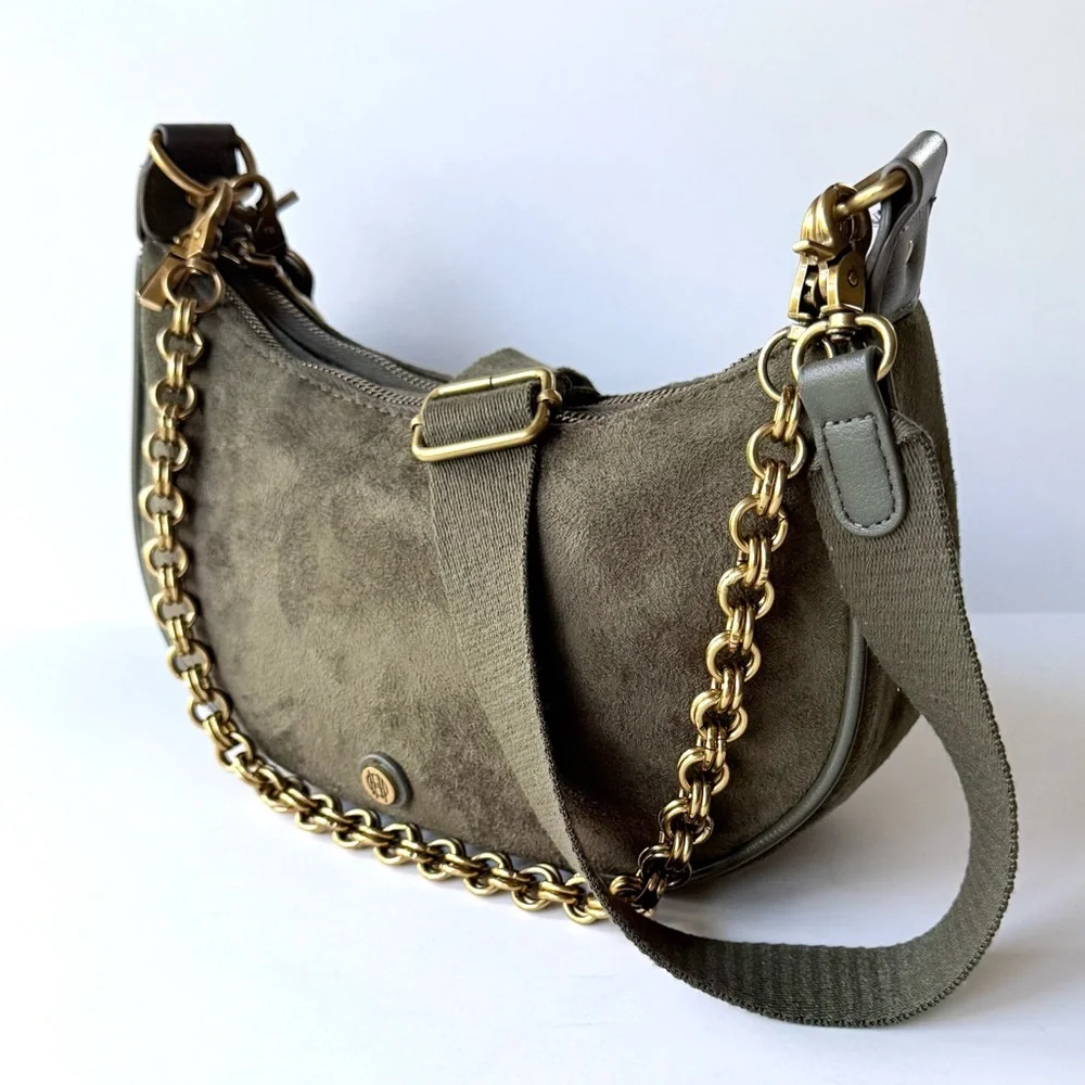 House of Harlow 1960 Valerie Crossbody Green Faux Suede Double Zip Shoulder Bag